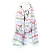 White Viscose Scarf with Blue Mix Stripes by Peace of Mind